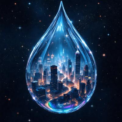 The primary subject of the image is a large, blue, glass-like tear drop, which is filled with a cityscape. The setting is a nighttime cityscape, with the buildings and streets illuminated by artificial lights. The visual style is a digital art or illustration, creating a surreal and dreamlike atmosphere. The dominant colors are blue and purple, with the tear drop and the cityscape both featuring these colors.